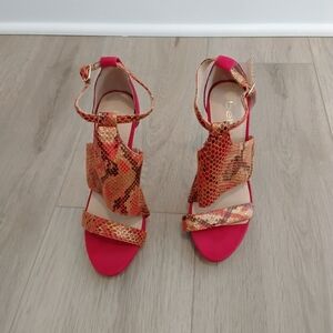 bebe Red Suede & Gold Snakeskin Ankle-Strap Heel | Women's 7 | NWOB